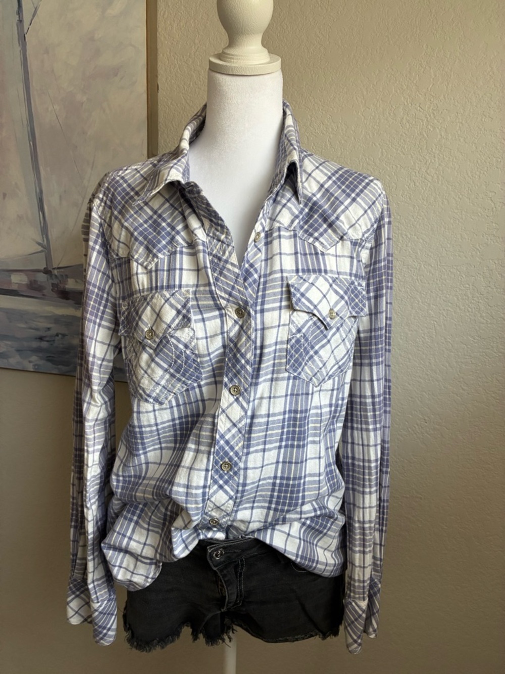 True Religion Cotton Light Blue and White  Button Up Plaid Shirt